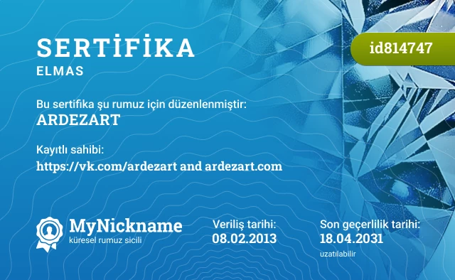 ARDEZART rumuzu için sertifika, kayıtlı sahibi: https://vk.com/ardezart and ardezart.com