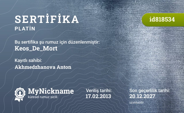 Keos_De_Mort rumuzu için sertifika, kayıtlı sahibi: Akhmedzhanova Anton