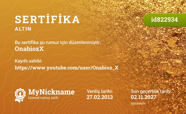 OnabiozX rumuzu için sertifika, kayıtlı sahibi: https://www.youtube.com/user/Onabioz_X