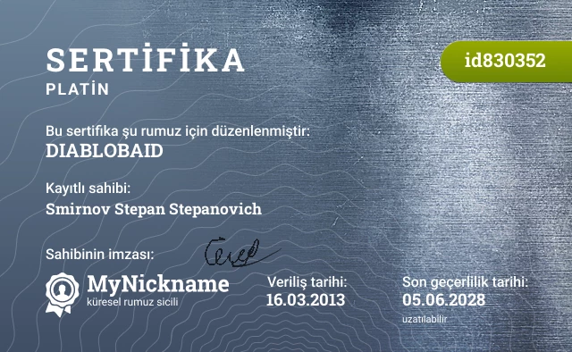DIABLOBAID rumuzu için sertifika, kayıtlı sahibi: Smirnov Stepan Stepanovich