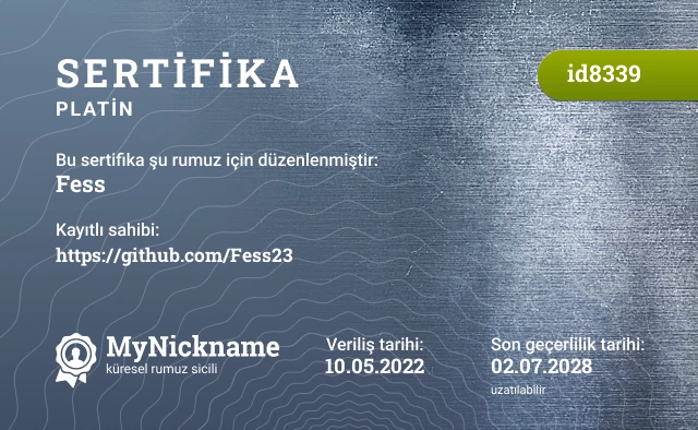 Fess rumuzu için sertifika, kayıtlı sahibi: https://github.com/Fess23