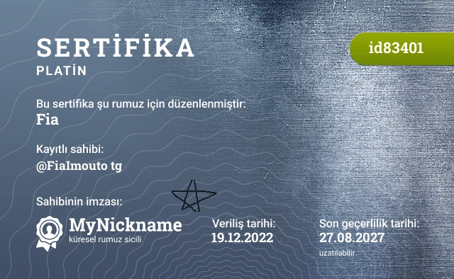 Fia rumuzu için sertifika, kayıtlı sahibi: @FiaImouto tg
