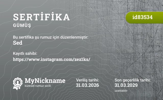 Sed rumuzu için sertifika, kayıtlı sahibi: https://www.instagram.com/zez1ks/