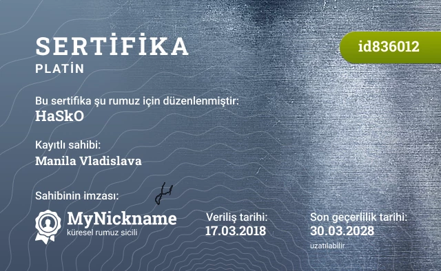 HaSkO rumuzu için sertifika, kayıtlı sahibi: Manila Vladislava