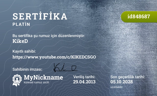 KikeD rumuzu için sertifika, kayıtlı sahibi: https://www.youtube.com/c/KIKEDCSGO
