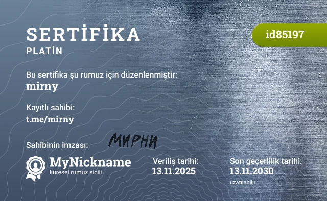 mirny rumuzu için sertifika, kayıtlı sahibi: t.me/mirny
