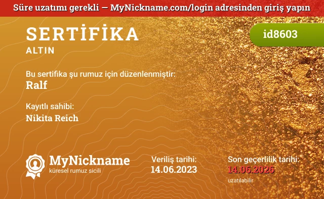Ralf rumuzu için sertifika, kayıtlı sahibi: Nikita Reich