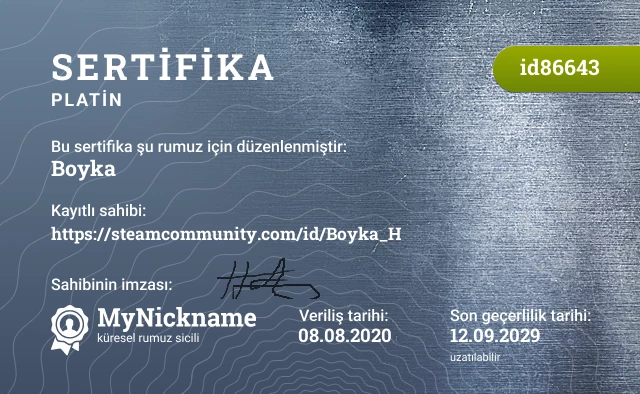 Boyka rumuzu için sertifika, kayıtlı sahibi: https://steamcommunity.com/id/Boyka_H