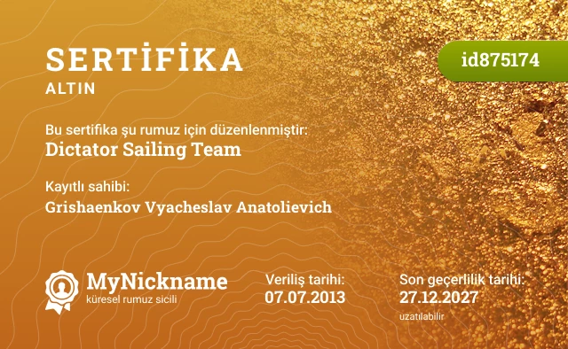 Dictator Sailing Team rumuzu için sertifika, kayıtlı sahibi: Grishaenkov Vyacheslav Anatolievich