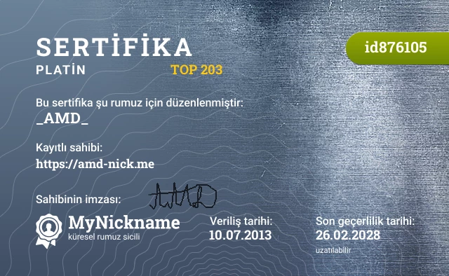 _AMD_ rumuzu için sertifika, kayıtlı sahibi: https://amd-nick.me