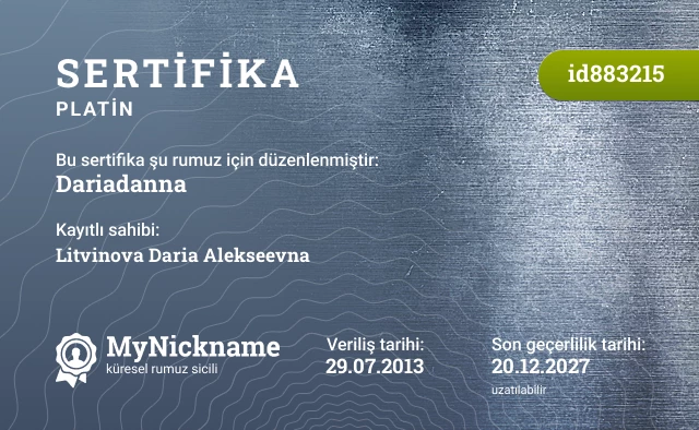 Dariadanna rumuzu için sertifika, kayıtlı sahibi: Litvinova Daria Alekseevna