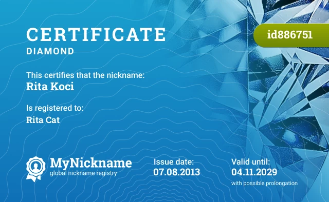 Certificate for nickname Rita Koci is registered to: Rita Cat