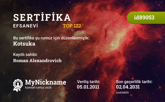 Kotsuka rumuzu için sertifika, kayıtlı sahibi: Roman Alexandrovich
