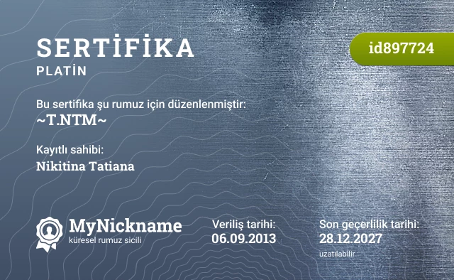 ~T.N™~ rumuzu için sertifika, kayıtlı sahibi: Nikitina Tatiana