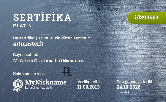 artmasterft rumuzu için sertifika, kayıtlı sahibi: M. Artem G. artmasterft@mail.ru