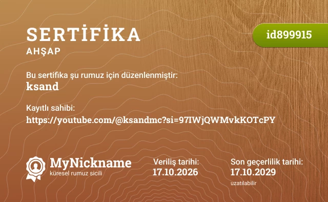ksand rumuzu için sertifika, kayıtlı sahibi: https://youtube.com/@ksandmc?si=97IWjQWMvkKOTcPY