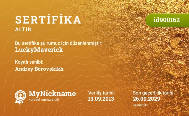LuckyMaverick rumuzu için sertifika, kayıtlı sahibi: Andrey Borovskikh
