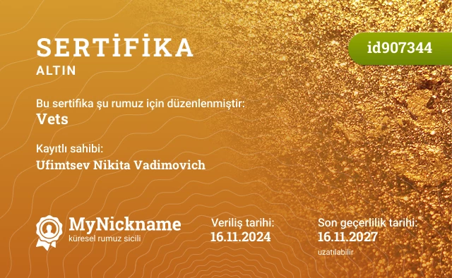 Vets rumuzu için sertifika, kayıtlı sahibi: Ufimtsev Nikita Vadimovich