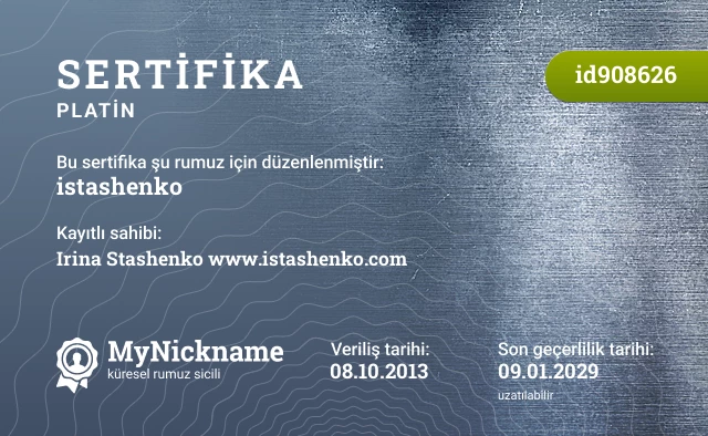 istashenko rumuzu için sertifika, kayıtlı sahibi: Irina Stashenko www.istashenko.com