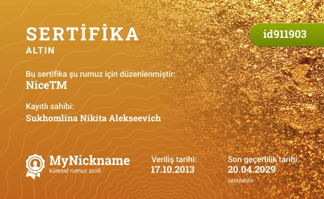 Niсe™ rumuzu için sertifika, kayıtlı sahibi: Sukhomlina Nikita Alekseevich