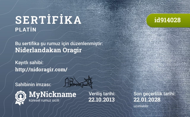 Niderlandakan Oragir rumuzu için sertifika, kayıtlı sahibi: http://nidoragir.com/