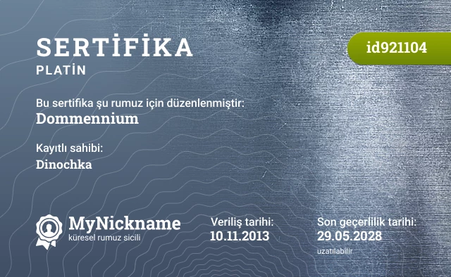 Dommennium rumuzu için sertifika, kayıtlı sahibi: Dinochka