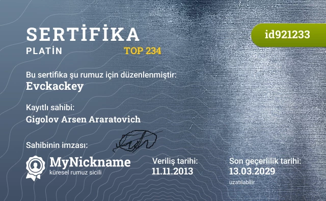 Evckackey rumuzu için sertifika, kayıtlı sahibi: Gigolov Arsen Araratovich