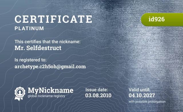 Certificate for nickname Mr. Selfdestruct is registered to: archetype.c2h5oh@gmail.com