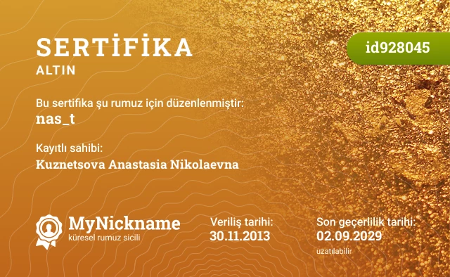 nas_t rumuzu için sertifika, kayıtlı sahibi: Kuznetsova Anastasia Nikolaevna