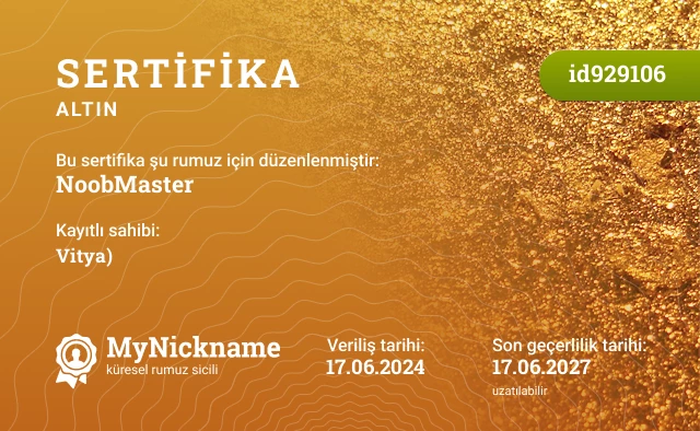 NoobMaster rumuzu için sertifika, kayıtlı sahibi: Vitya)