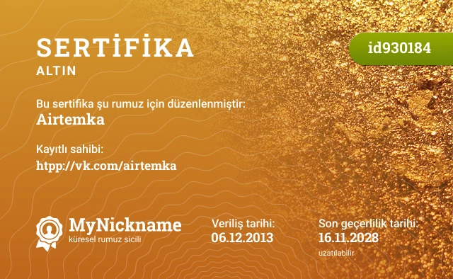 Airtemka rumuzu için sertifika, kayıtlı sahibi: htpp://vk.com/airtemka