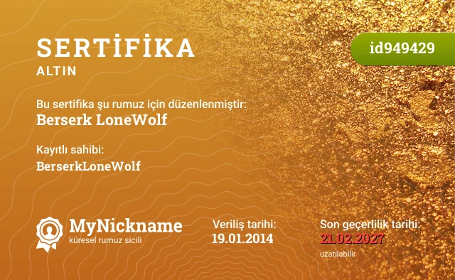 Berserk LoneWolf rumuzu için sertifika, kayıtlı sahibi: BerserkLoneWolf