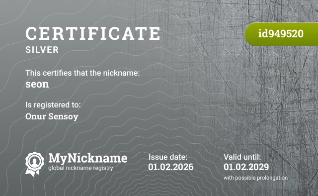 Certificate for nickname seon is registered to: Onur Sensoy