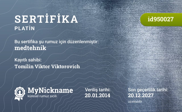 medtehnik rumuzu için sertifika, kayıtlı sahibi: Tomilin Viktor Viktorovich