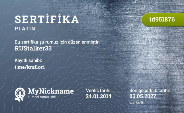 RUStalker33 rumuzu için sertifika, kayıtlı sahibi: t.me/kmilori