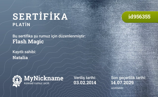 Flash Magic rumuzu için sertifika, kayıtlı sahibi: Natalia
