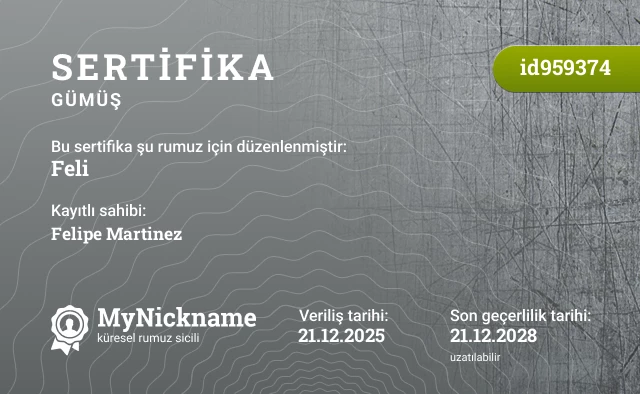 Feli rumuzu için sertifika, kayıtlı sahibi: Felipe Martinez