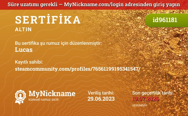 Lucas rumuzu için sertifika, kayıtlı sahibi: steamcommunity.com/profiles/76561199195341547/