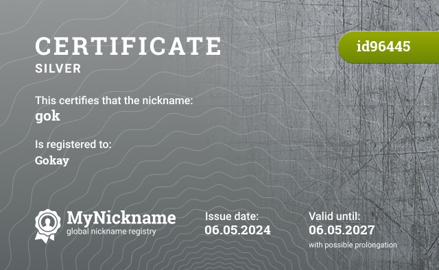 Certificate for nickname gok, registered to: Gokay