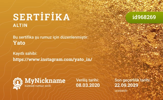 Yato rumuzu için sertifika, kayıtlı sahibi: https://www.instagram.com/yato_in/
