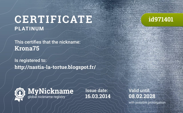 Certificate for nickname Krona75 is registered to: http://nastia-la-tortue.blogspot.fr/