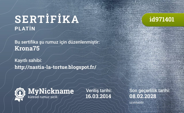 Krona75 rumuzu için sertifika, kayıtlı sahibi: http://nastia-la-tortue.blogspot.fr/