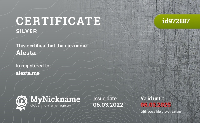 Certificate for nickname Alesta, registered to: alesta.me