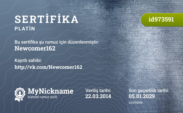 Newcomer162 rumuzu için sertifika, kayıtlı sahibi: http://vk.com/Newcomer162