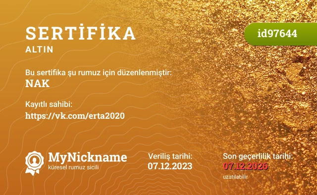 NAK rumuzu için sertifika, kayıtlı sahibi: https://vk.com/erta2020