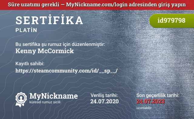 Kenny McCormick rumuzu için sertifika, kayıtlı sahibi: https://steamcommunity.com/id/__sp__/