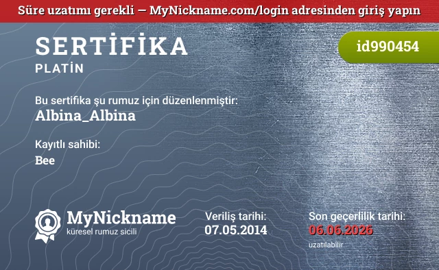 Albina_Albina rumuzu için sertifika, kayıtlı sahibi: Bee