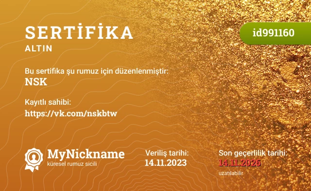 NSK rumuzu için sertifika, kayıtlı sahibi: https://vk.com/nskbtw