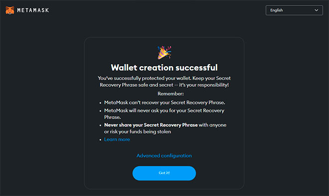 MetaMask - crypto wallet creation completed