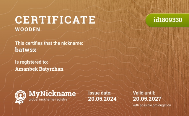 Certificate for nickname batwsx, registered to: Amanbek Batyrzhan